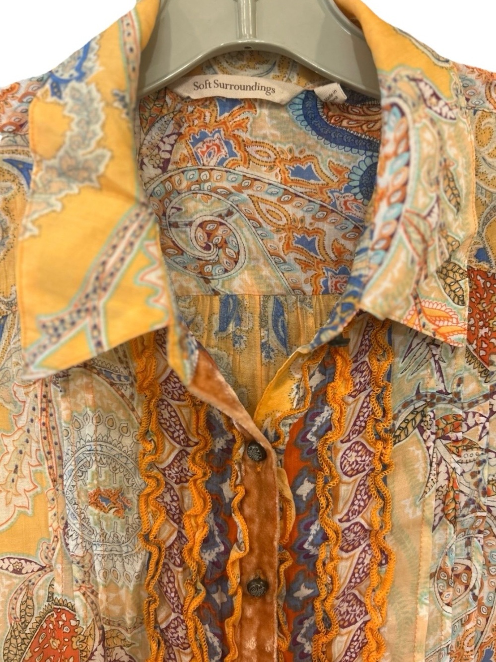 Soft Surroundings Ombre Paisley Boho Blouse Velvet Trim Button Front M - Picture 2 of 8